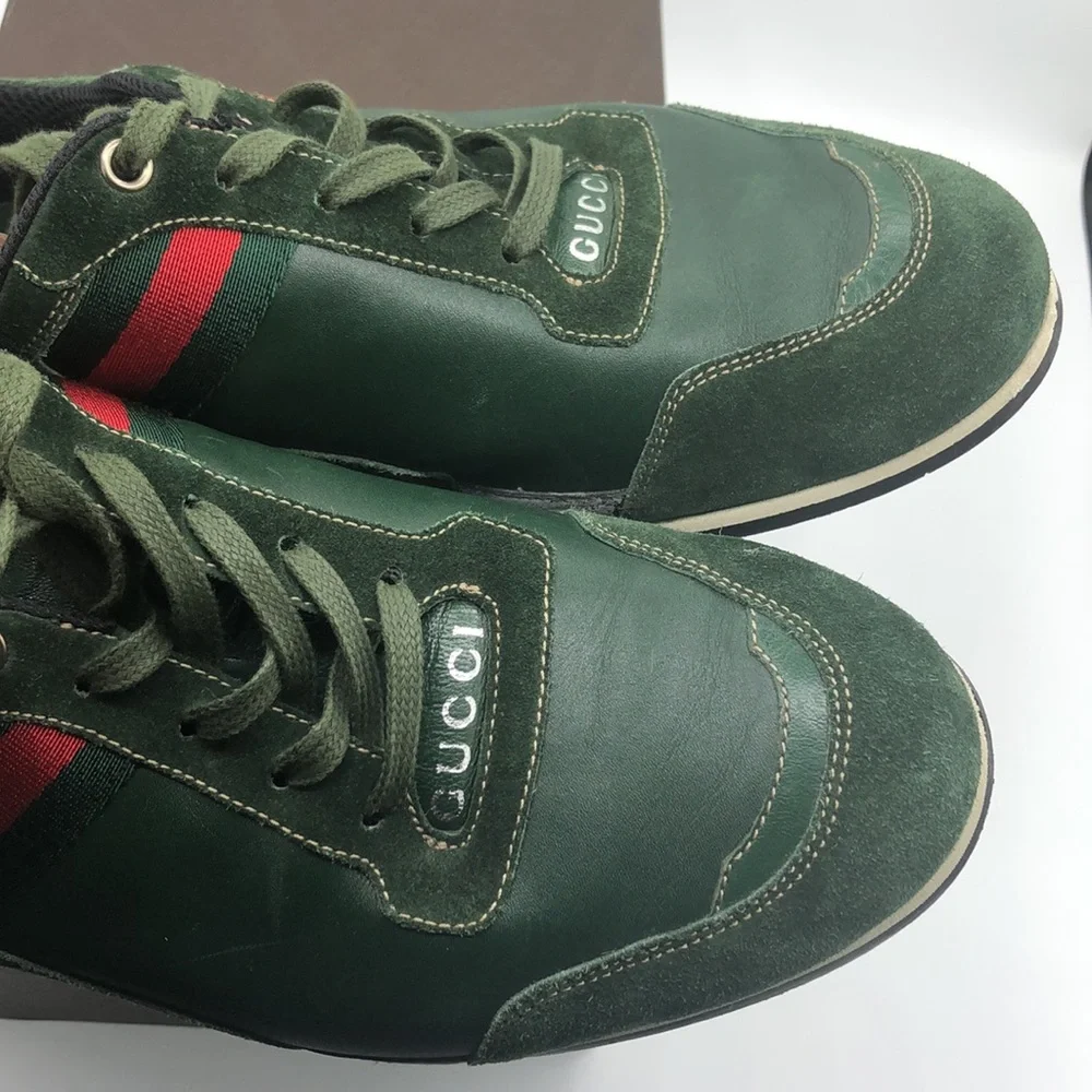 Gucci Green Leather Suede Web Stripe Lace Up Sneakers Mens 7-7.5 Made in Italy